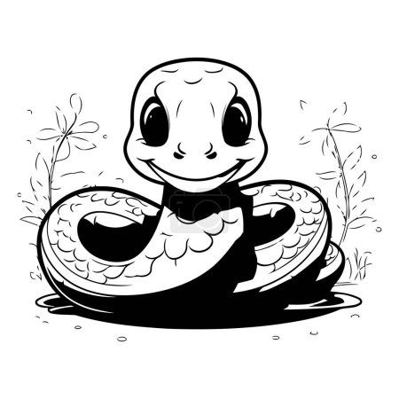 Illustration for Cute snake in the pond. vector illustration. black and white - Royalty Free Image