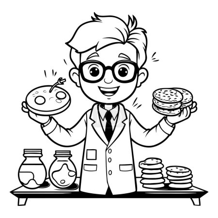 Illustration for Black and White Cartoon Illustration of Funny Scientist or Professor Holding Donut and Glasses for Coloring Book - Royalty Free Image