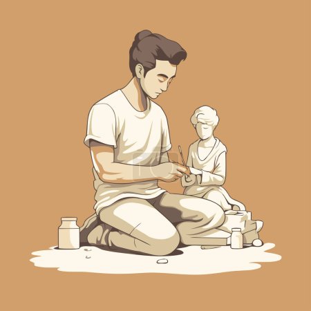 Illustration for Vector illustration of a young man in a white T-shirt sitting on the sand and making a sculpture - Royalty Free Image