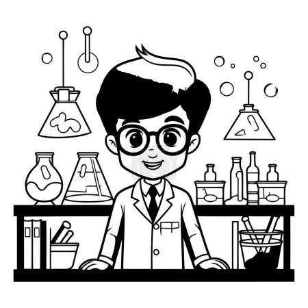 Illustration for Scientist boy cartoon in the laboratory black and white vector illustration graphic design - Royalty Free Image