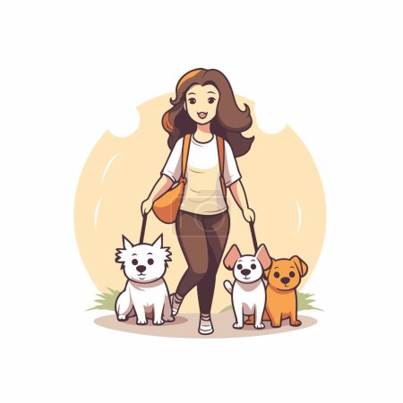 Illustration for Young woman walking with her dogs in the park. Vector illustration. - Royalty Free Image