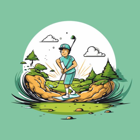 Golfista jugando golf en el campo de golf. Ilustración vectorial.