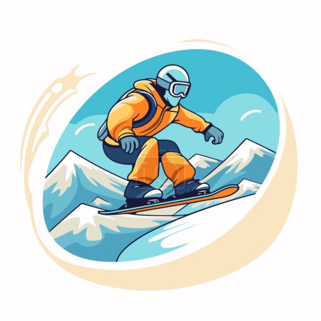 Téléchargez les illustrations : Snowboarder en casque à cheval sur snowboard. Illustration vectorielle. - en licence libre de droit