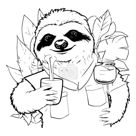 Téléchargez les illustrations : Sloth boit un cocktail. illustration vectorielle noir et blanc pour livre à colorier - en licence libre de droit