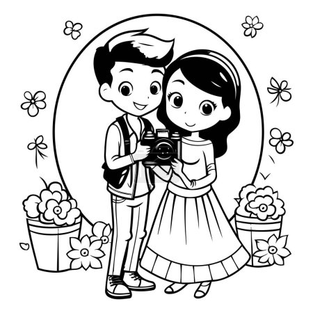 Illustration for Boy and girl taking pictures with a camera. black and white vector illustration - Royalty Free Image