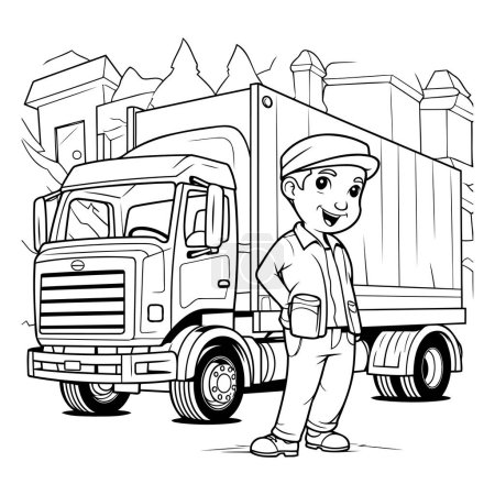Illustration for Black and white illustration of a delivery man standing next to a truck. - Royalty Free Image
