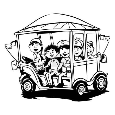 tuk tuk - black and white vector illustration of a family driving a tuk