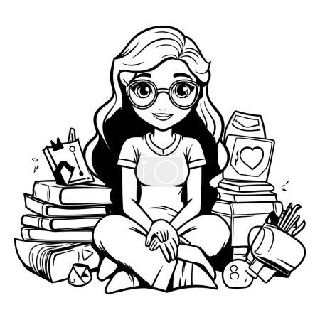 Téléchargez les illustrations : Une fille avec des livres. Illustration vectorielle noir et blanc pour livre à colorier. - en licence libre de droit