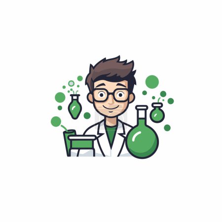 Illustration for Cartoon scientist with test tubes and flask. Vector illustration in flat style - Royalty Free Image