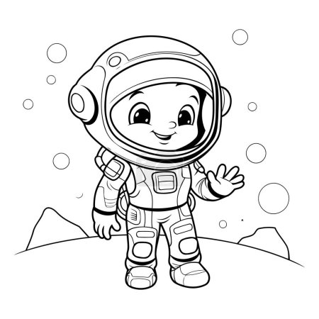 Téléchargez les illustrations : Mignon astronaute dans l'espace. illustration vectorielle noir et blanc design graphique - en licence libre de droit