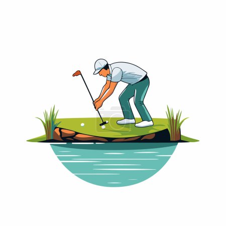 Téléchargez les illustrations : Golfeur sur le terrain de golf. Illustration vectorielle de style plat. - en licence libre de droit