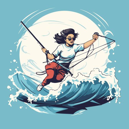 Illustration for Kitesurfer surfing on the waves. Vector illustration in retro style. - Royalty Free Image