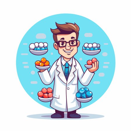 Illustration for Cartoon doctor with balls in his hands. Vector character illustration. - Royalty Free Image