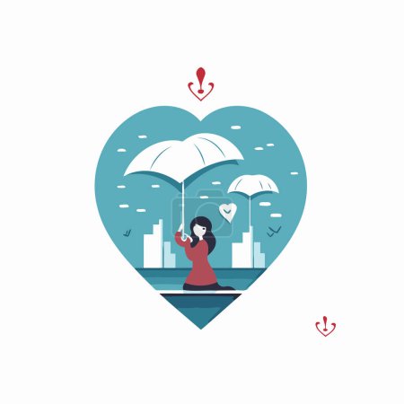 Illustration for Vector illustration of a girl with an umbrella in the shape of a heart. - Royalty Free Image