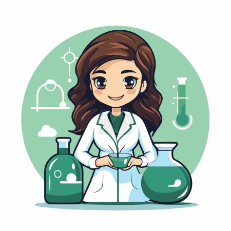 Illustration for Girl scientist in lab coat holding test tube and flask vector illustration graphic design - Royalty Free Image
