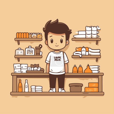 Illustration for Cute boy shopping in supermarket. Vector illustration in cartoon style. - Royalty Free Image