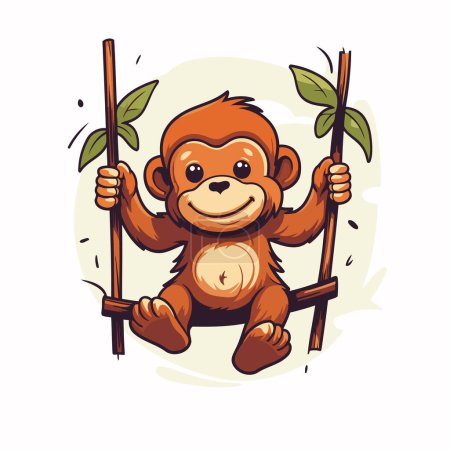 Ilustración de Mono con palo de bambú. Ilustración vectorial en estilo de dibujos animados sobre fondo blanco. - Imagen libre de derechos