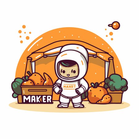 Ilustración de Lindo niño en traje de astronauta de pie con la cesta llena de frutas y verduras. Ilustración vectorial. - Imagen libre de derechos