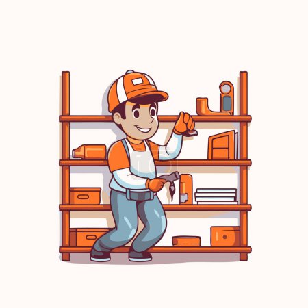 Illustration for Cartoon handyman in uniform and helmet standing on shelves. Vector illustration - Royalty Free Image