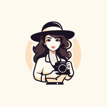 Illustration for Beautiful girl in a hat with a camera. Vector illustration. - Royalty Free Image