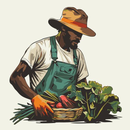 Téléchargez les illustrations : Fermier avec un panier de légumes frais. Illustration vectorielle dans un style rétro. - en licence libre de droit