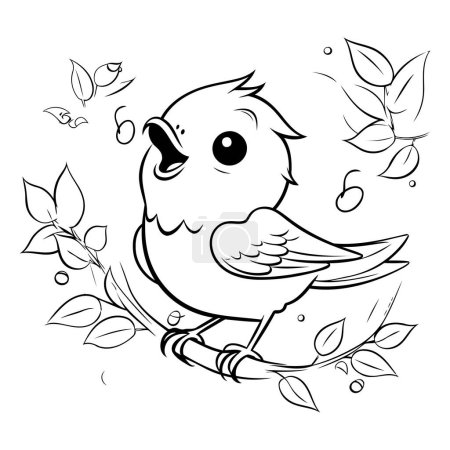 Illustration for Cute bird on a branch with leaves. Black and white vector illustration. - Royalty Free Image