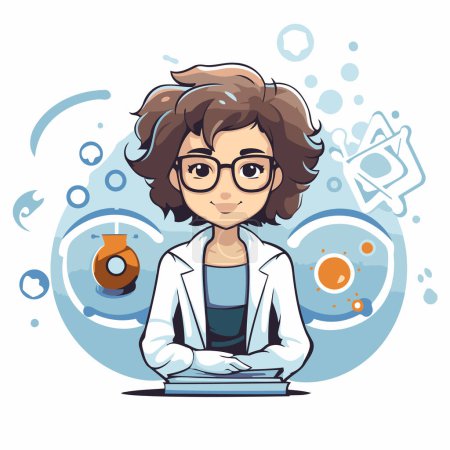 Illustration for Scientist cartoon character. Vector illustration of a young woman with glasses. - Royalty Free Image
