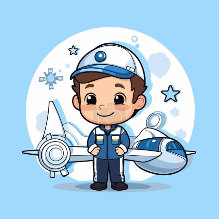 Téléchargez les illustrations : Pilote garçon mignon avec avion sur fond bleu illustration vectorielle graphisme - en licence libre de droit