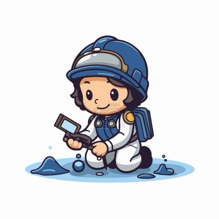 Illustration for Cartoon illustration of a boy wearing a safety helmet and holding a mobile phone - Royalty Free Image