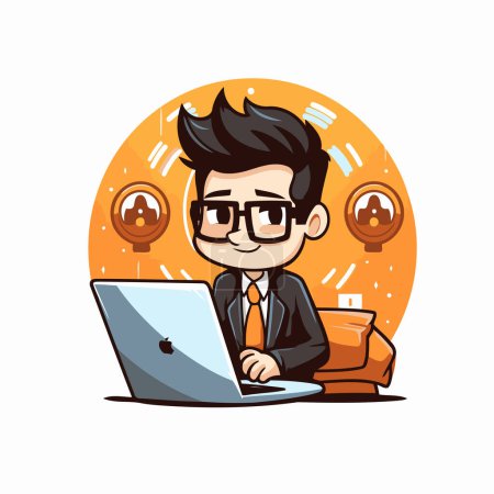 Ilustración de Empresario trabajando en la computadora portátil en la oficina. Ilustración de personajes de dibujos animados vectoriales. - Imagen libre de derechos