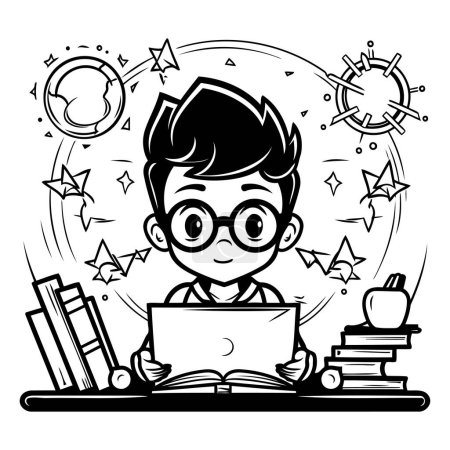 Téléchargez les illustrations : Étudiant garçon avec ordinateur portable et livres. Illustration vectorielle noir et blanc - en licence libre de droit