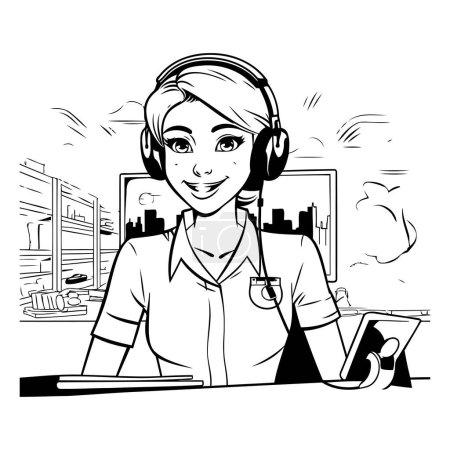 Téléchargez les illustrations : Illustration en noir et blanc d'un travailleur d'un centre d'appels portant un casque. - en licence libre de droit