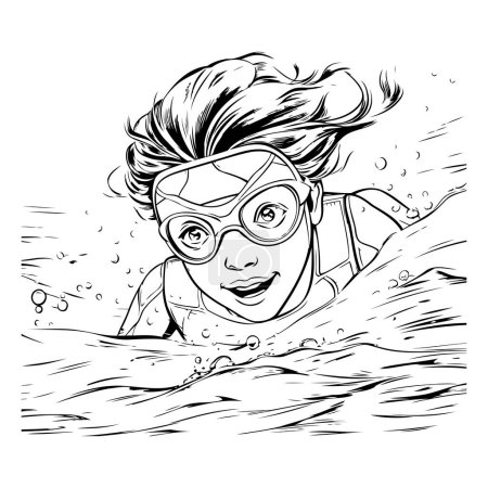 Téléchargez les illustrations : Fille nageant dans la mer. Illustration vectorielle noir et blanc en style dessin animé. - en licence libre de droit