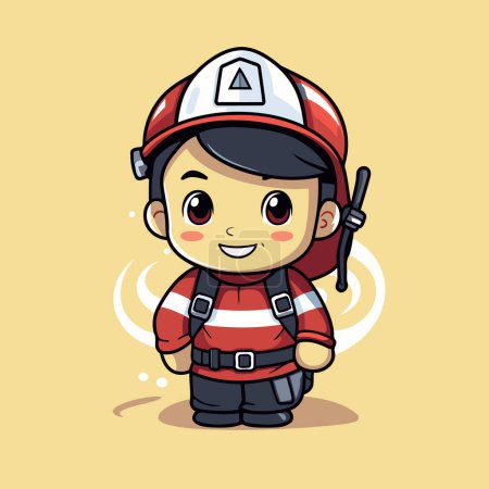 Téléchargez les illustrations : Mignon pompier dessin animé en uniforme et casque. Illustration vectorielle. - en licence libre de droit