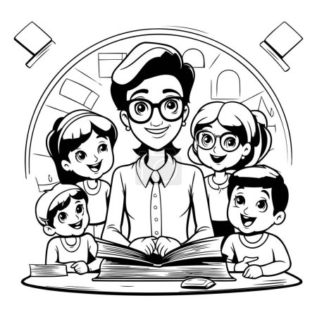 Illustration for Teacher and students. Black and white illustration for coloring book. - Royalty Free Image
