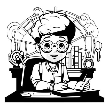 Illustration for Black and White Cartoon Illustration of Boy Reading a Book at the Table - Royalty Free Image