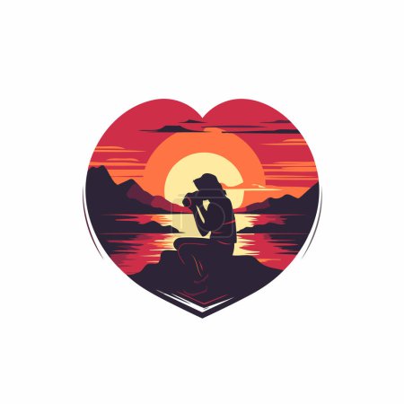 Téléchargez les illustrations : Silhouette d'une femme assise sur un rocher en forme de cœur avec un coucher de soleil en arrière-plan - en licence libre de droit