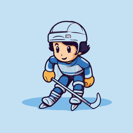 Illustration for Cartoon boy playing hockey. Vector illustration on a blue background. - Royalty Free Image