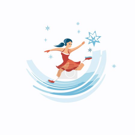 Téléchargez les illustrations : Illustration vectorielle d'une fille en robe rouge sautant sur une vague - en licence libre de droit