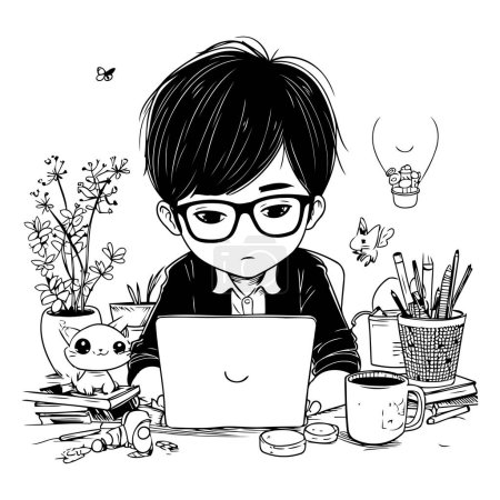 Illustration for Cute little boy with laptop. Vector illustration. Black and white. - Royalty Free Image