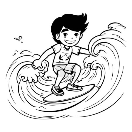 Illustration for Boy surfing - black and white vector illustration. no gradients. - Royalty Free Image