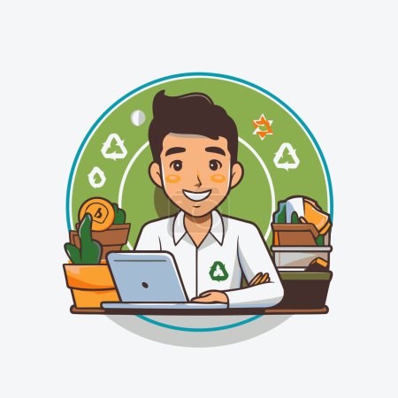 Illustration for Man with laptop and recycling symbol. Vector illustration in cartoon style. - Royalty Free Image
