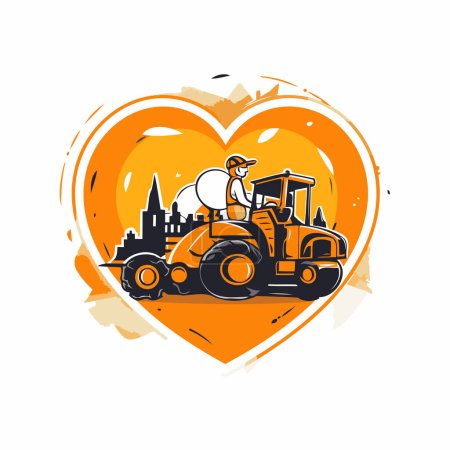 Tractor with building in the shape of a heart. Vector illustration.