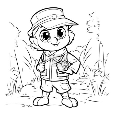 Ilustración de Página para colorear Esquema de lindo personaje de dibujos animados Boy Scout. - Imagen libre de derechos