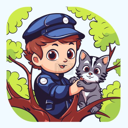 Téléchargez les illustrations : Mignon garçon en uniforme de police avec un chat sur l'illustration de l'arbre - en licence libre de droit