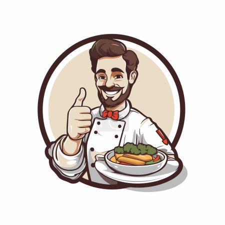 Illustration for Illustration of a chef holding a plate of food and showing thumbs up - Royalty Free Image