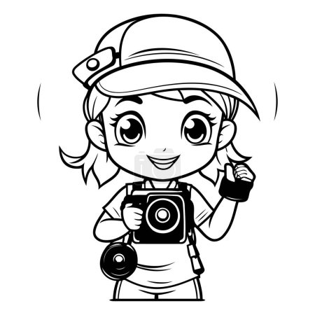 Téléchargez les illustrations : Illustration de bande dessinée noir et blanc de fille mignonne photographe avec appareil photo pour livre à colorier - en licence libre de droit