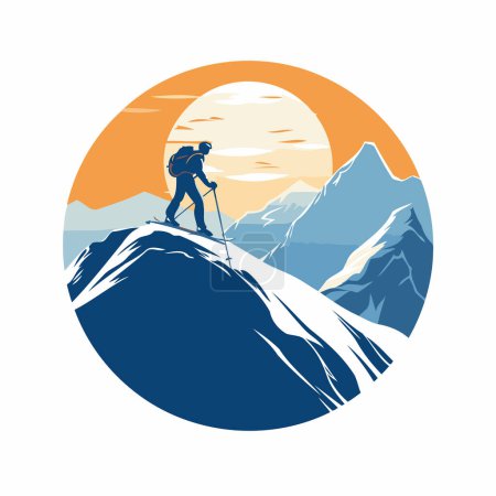 Ilustración de Caminante en la cima de la montaña. Ilustración vectorial de un escalador en la cima de la montaña. - Imagen libre de derechos