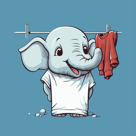 Illustration for Cute cartoon elephant with clothes hanging on the clothesline. Vector illustration. - Royalty Free Image
