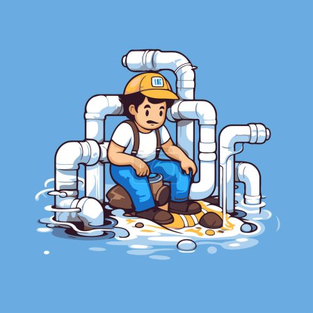Illustration for Plumber with pipe. Vector illustration of a plumber repairing pipes. - Royalty Free Image